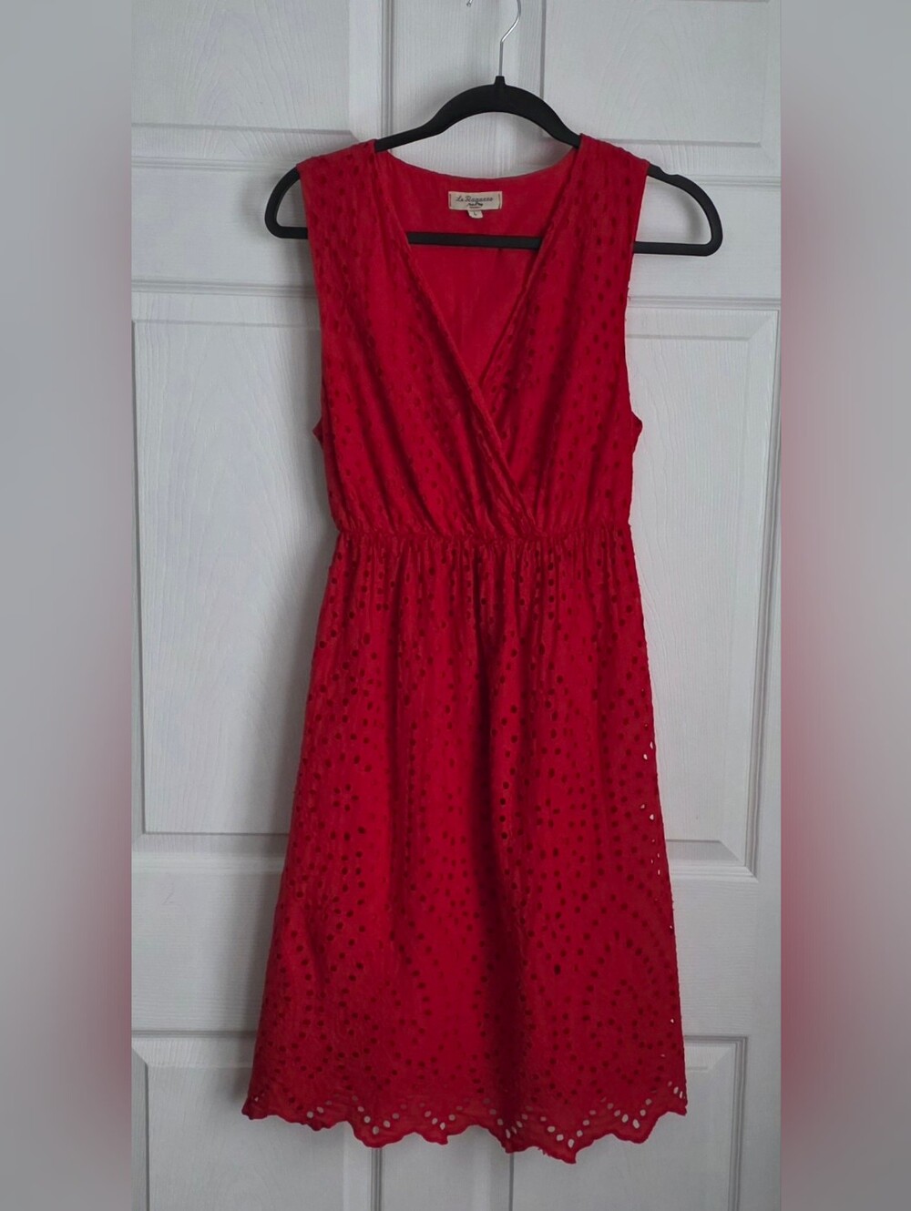 Le Ragazze Red Eyelet V-Neck Faux Wrap Midi Dress - 100% Cotton Fully Lined - L